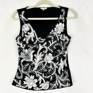Vintage Cache Sequins Beaded Tank Top Size Small Y2K Black Mesh Whimsigoth